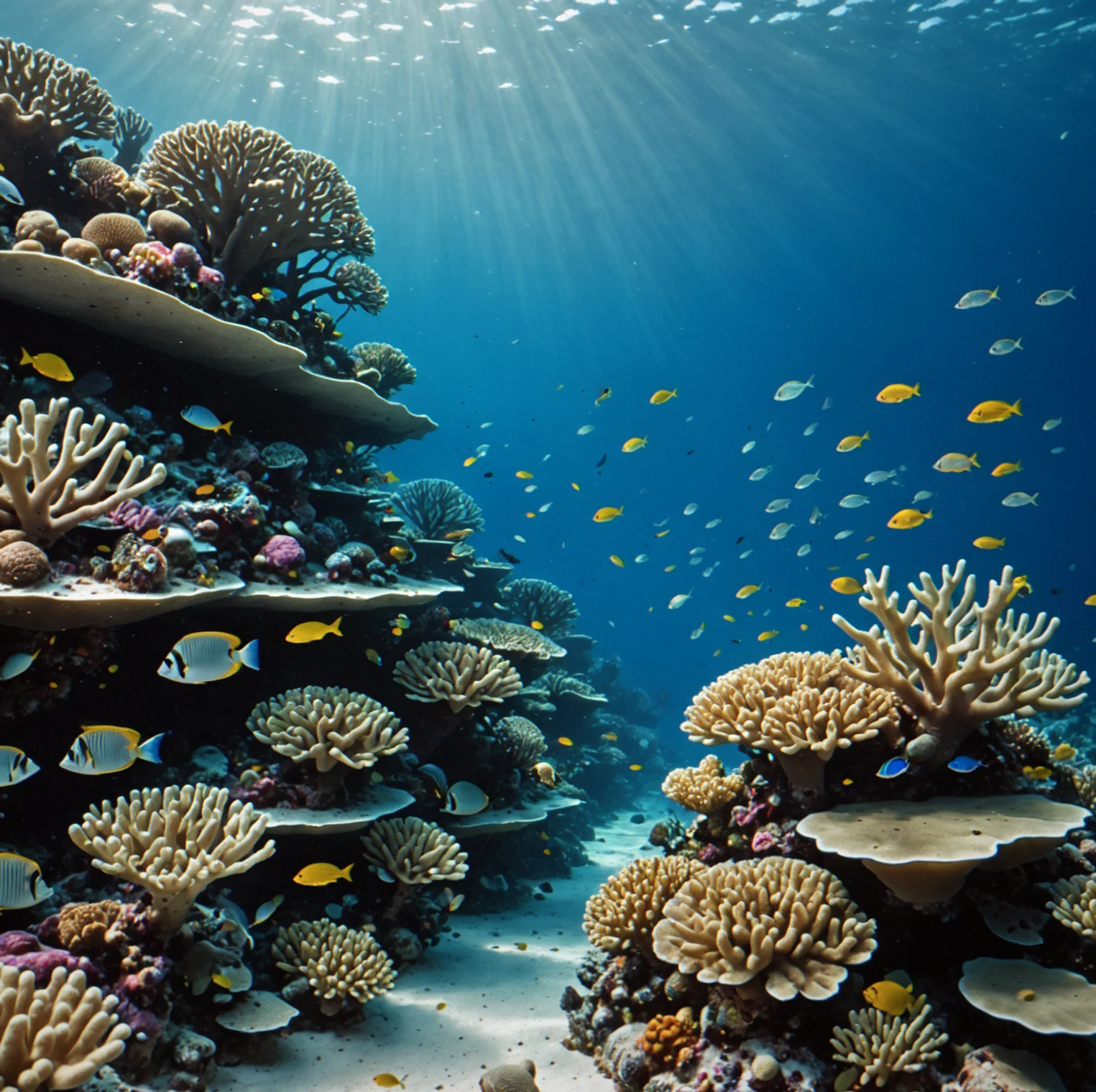 Thriving reef ecosystem with three coral species at different growth stages under natural lighting