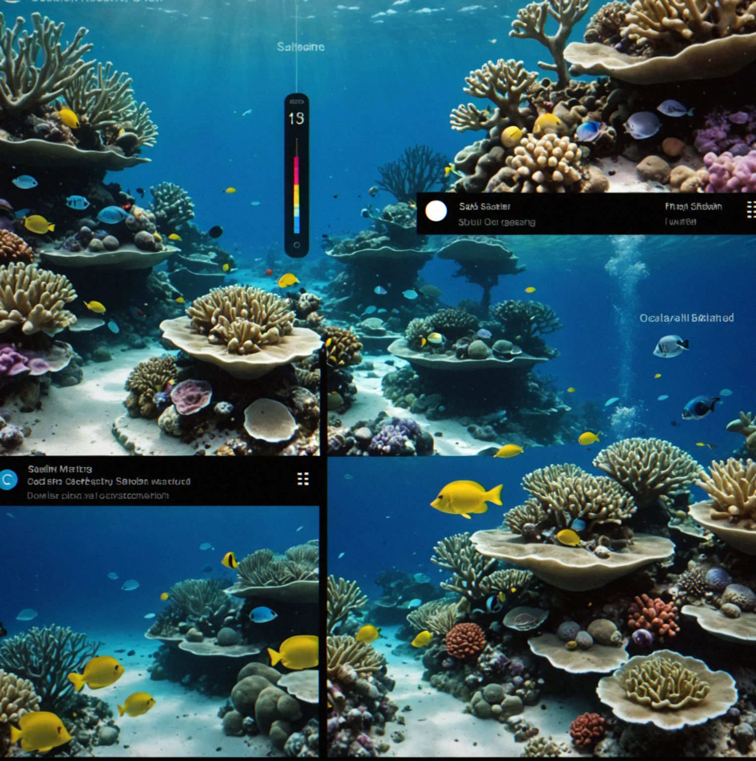 Mobile interface showing salinity meter and pH adjustment slider with real-time coral response