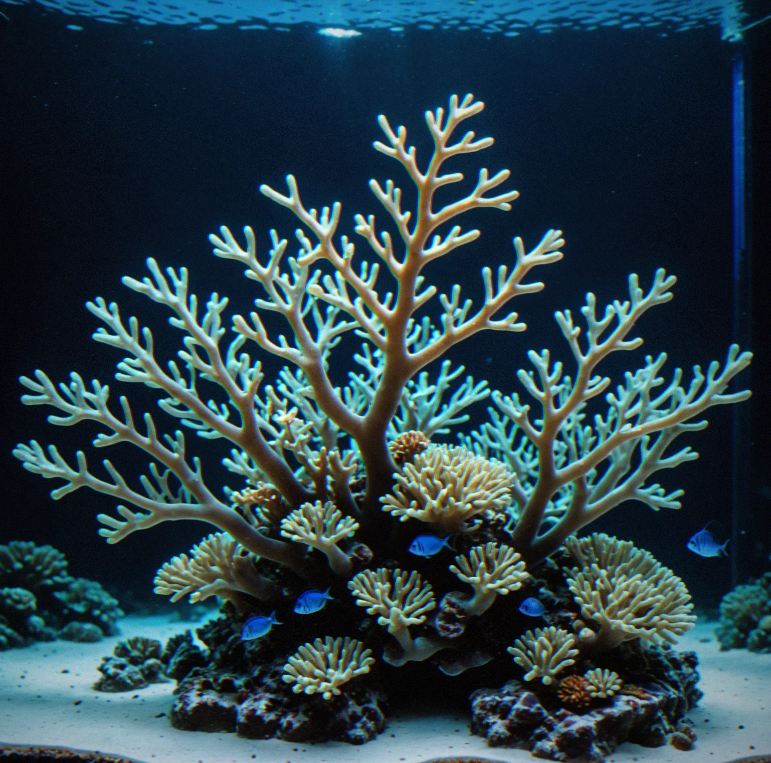 Small staghorn coral fragment resting on substrate in tank with blue lighting