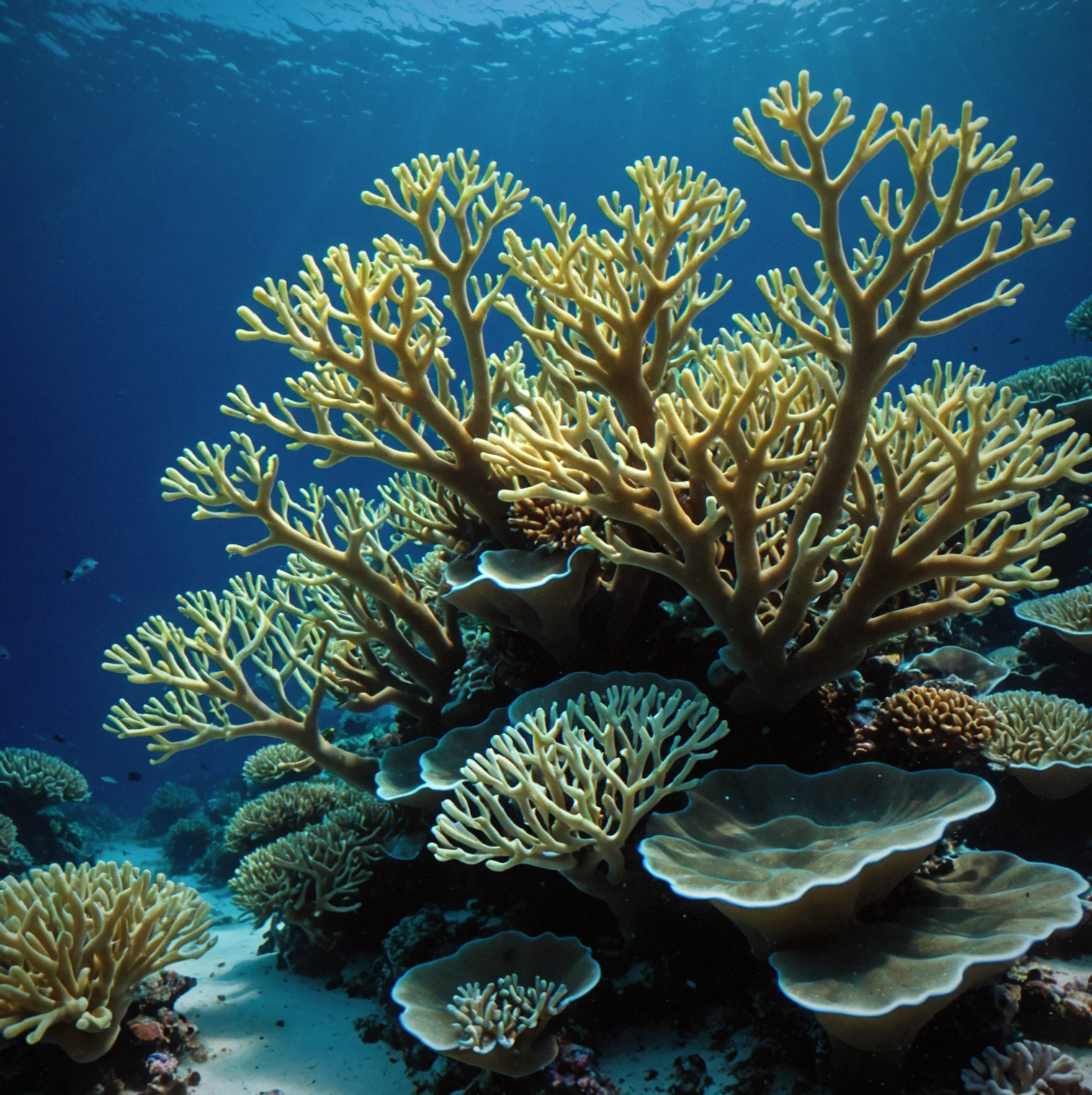 Staghorn coral with polyps open under blue light, substrate visible below