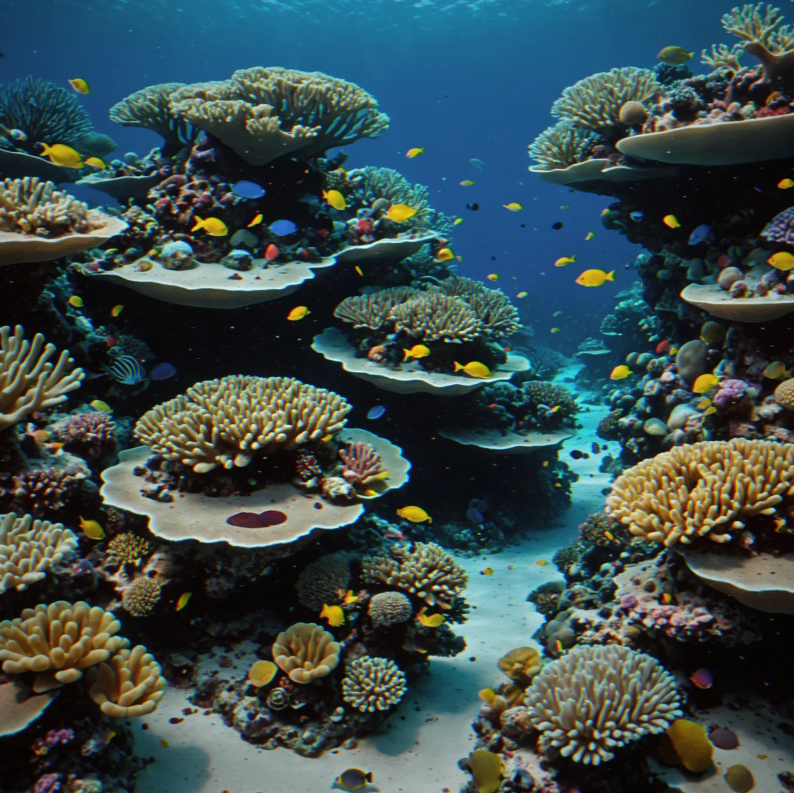 Full reef with three coral types all doing well, colors bright, polyps out as the sun drops