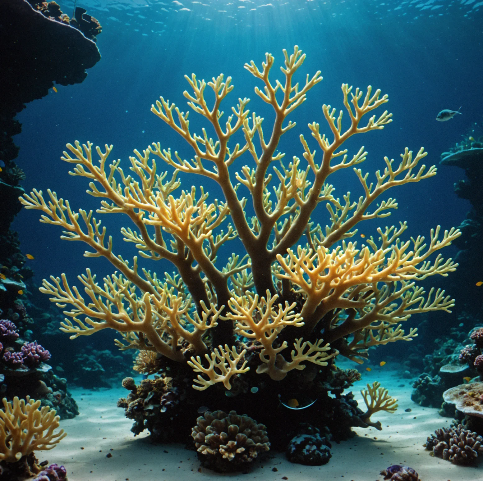 Bright staghorn coral with polyps extended under aquarium lights