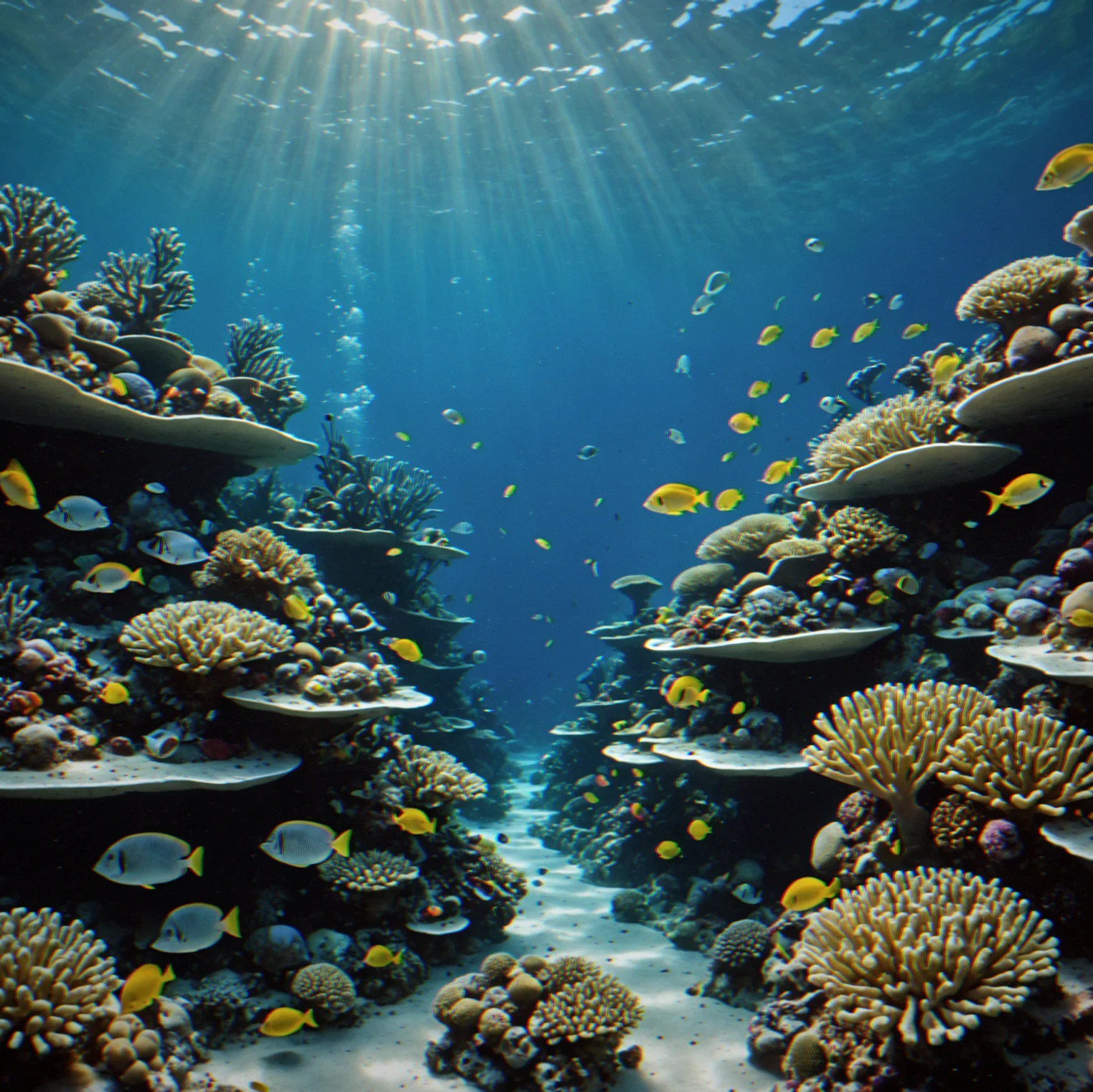 Real underwater restoration nursery showing multiple coral fragments suspended on structures
